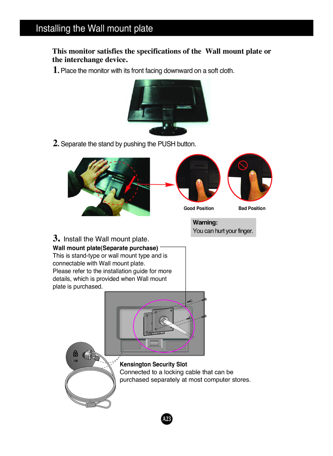 LG Electronics W2042SM manual Installing the Wall mount plate, Wall mount plateSeparate purchase, Kensington Security Slot 