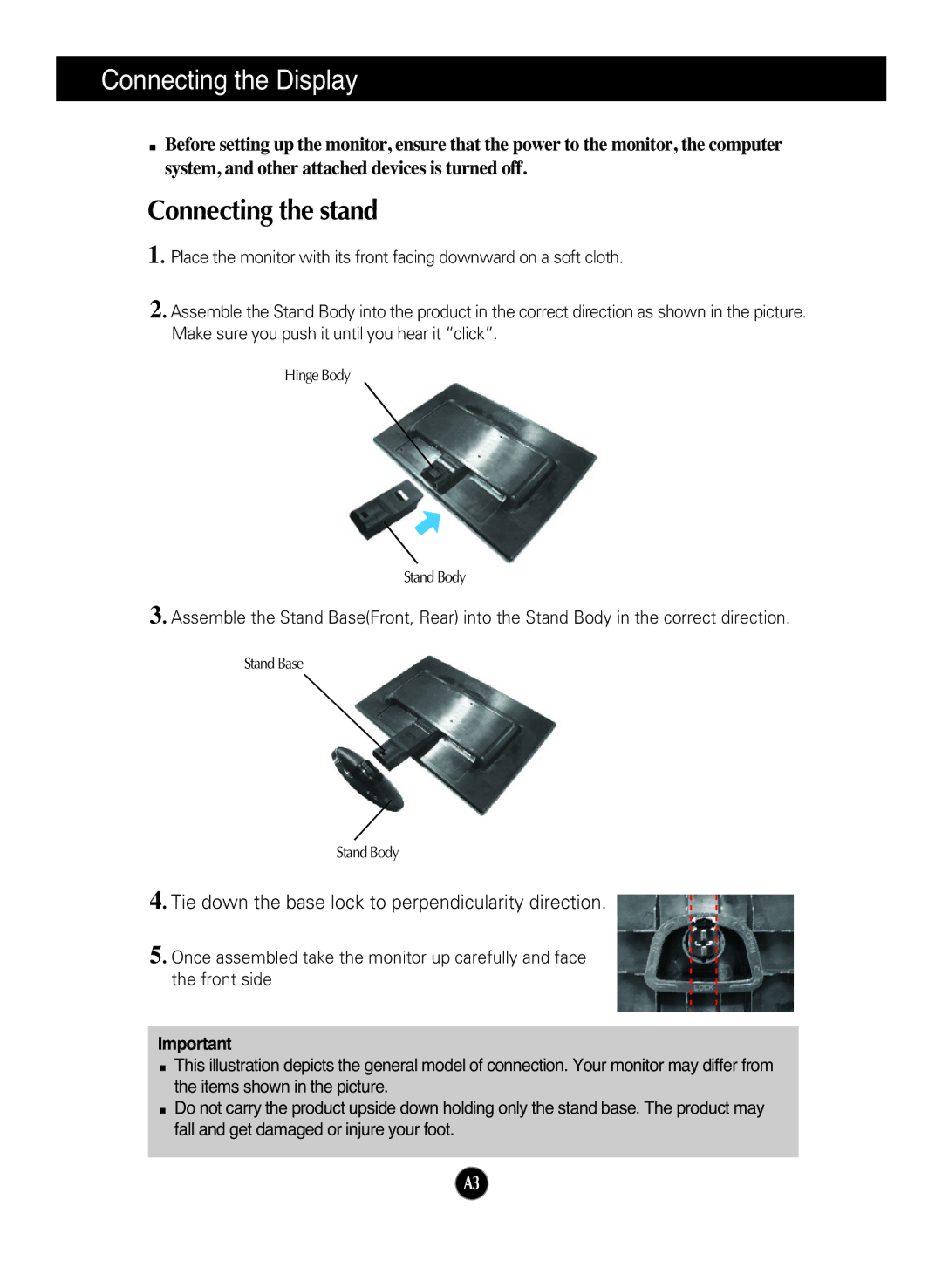 LG Electronics W1942SM, W2042SM, W2242SM manual Connecting the Display, Connecting the stand 