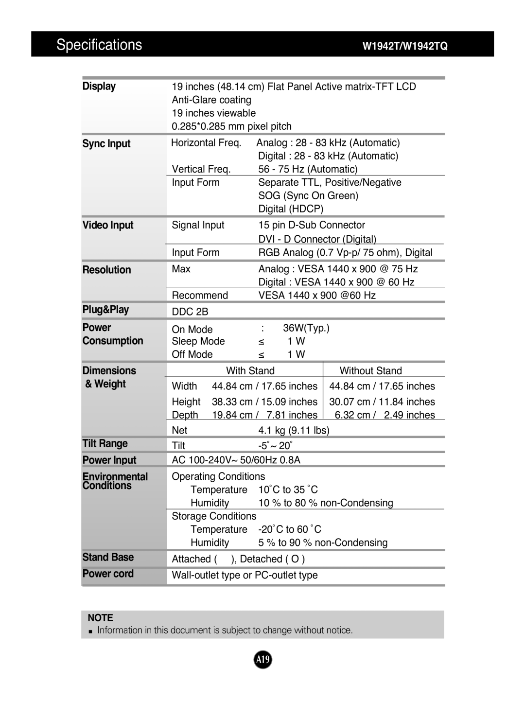 LG Electronics W2042TQ, W1942TQ, W2242TQ manual Specifications 