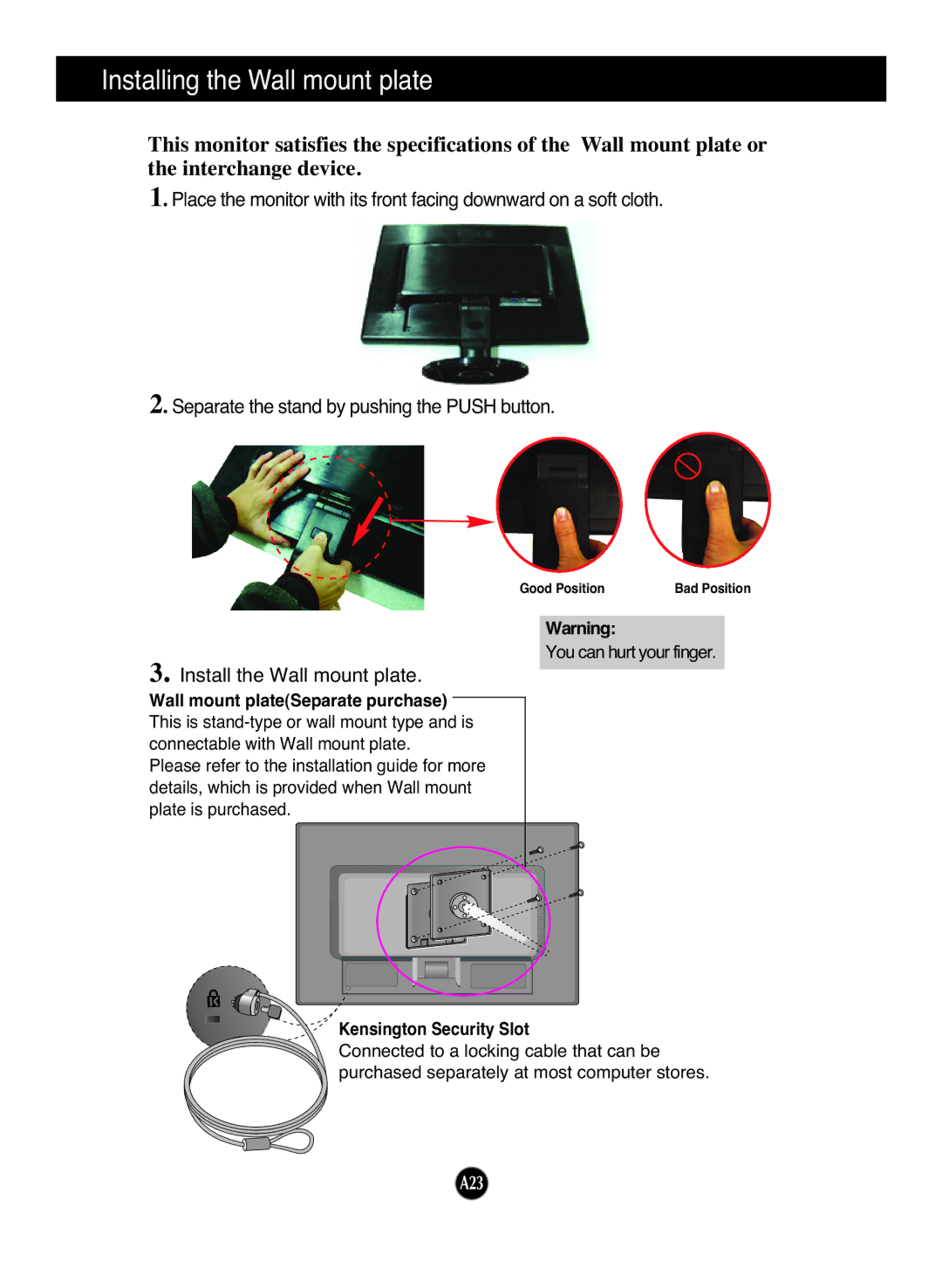 LG Electronics W2042TQ manual Installing the Wall mount plate, Wall mount plateSeparate purchase, Kensington Security Slot 