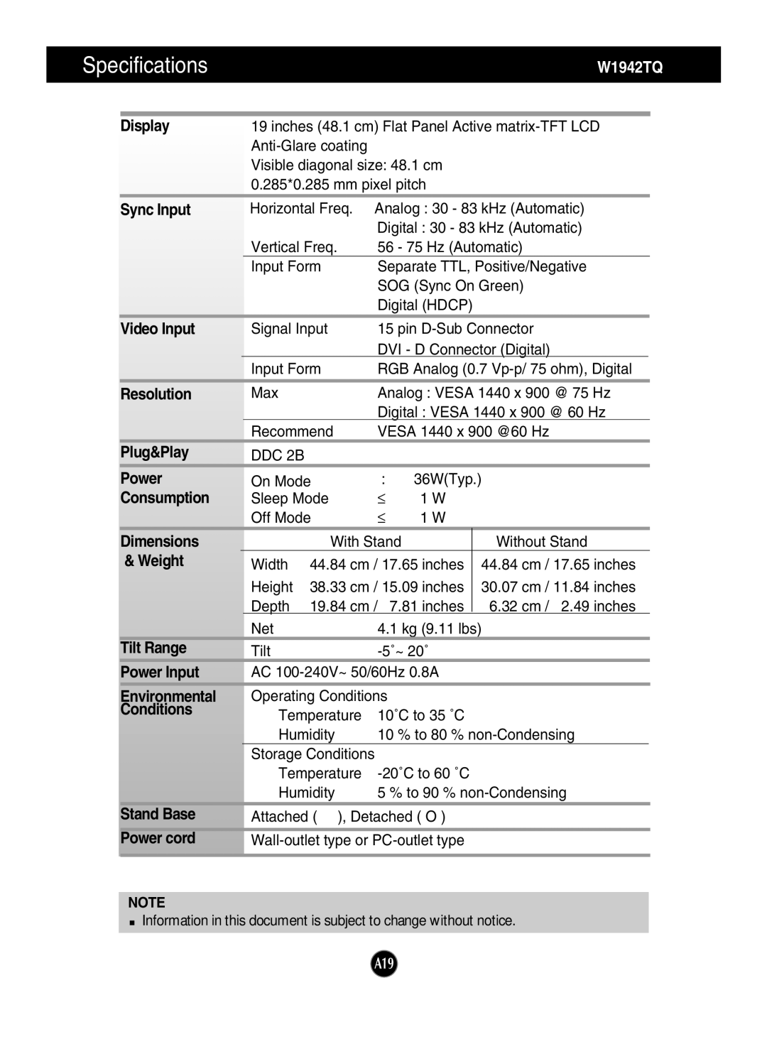 LG Electronics W2242TQ, W2042TQ, W1942TQ manual Specifications 