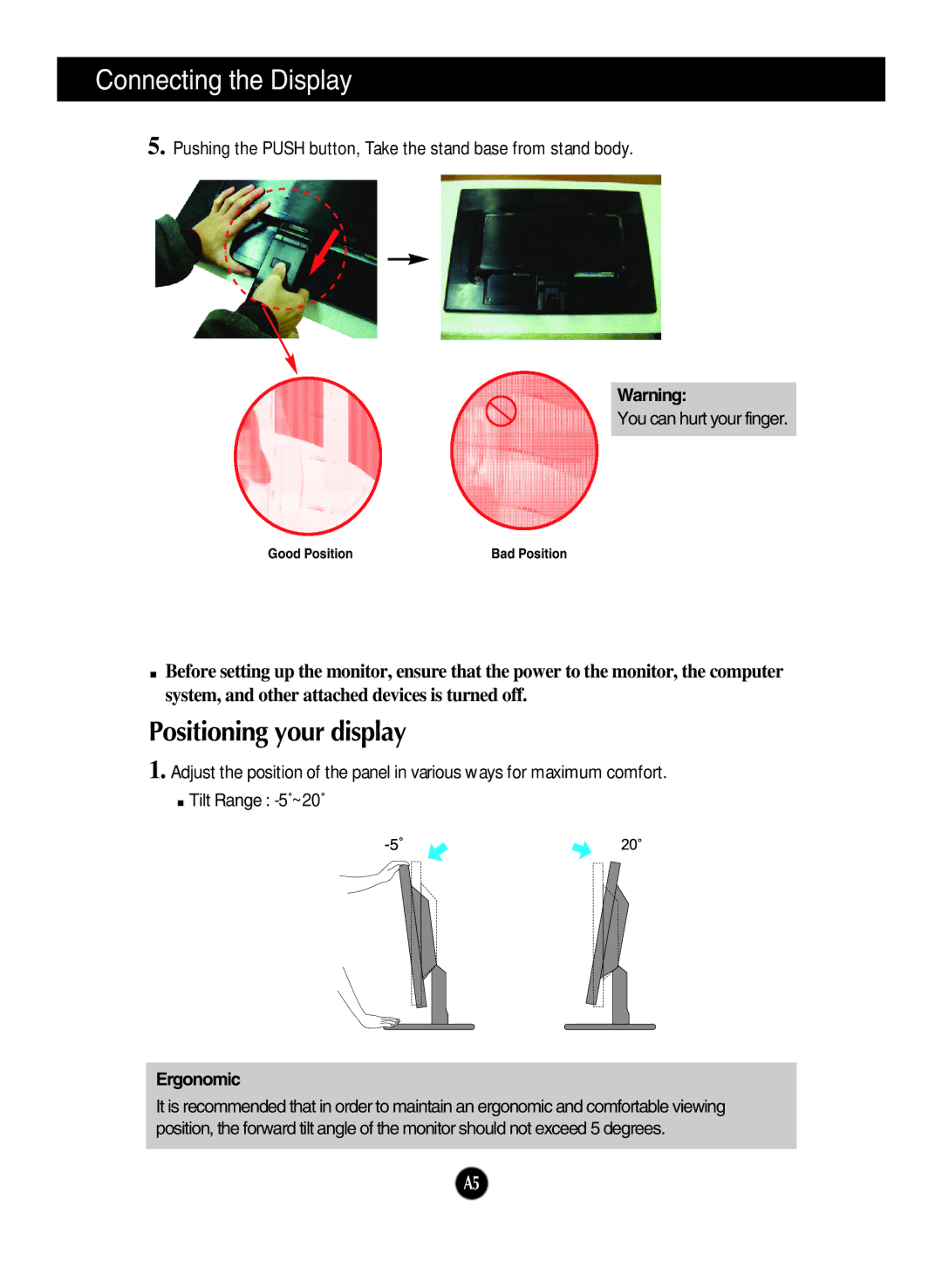 LG Electronics W2042TQ, W1942TQ, W2242TQ manual Positioning your display, Ergonomic 