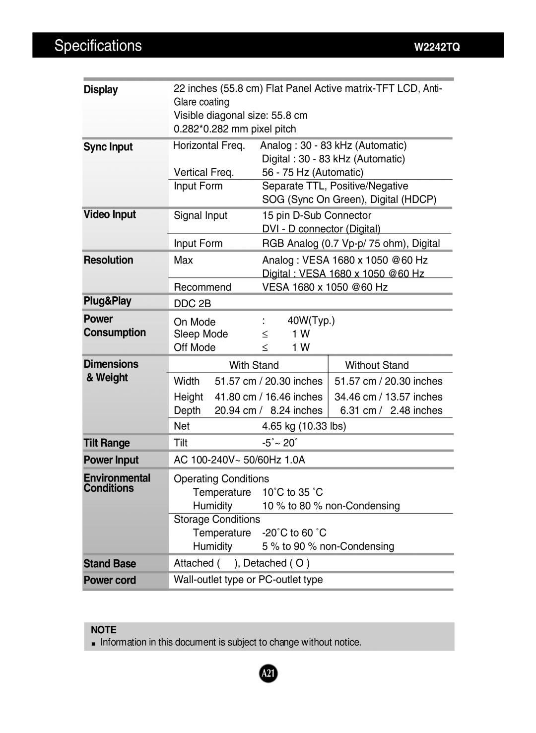 LG Electronics W1942TQ, W2042TQ manual W2242TQ, Specifications 