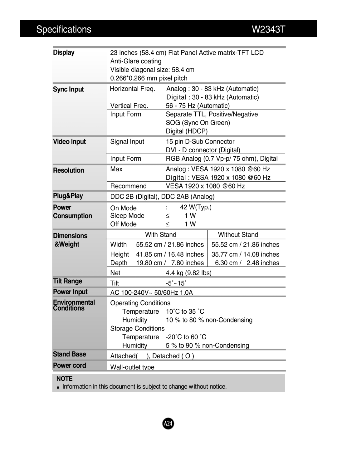 LG Electronics W2243T, W2043T manual Specifications W2343T 