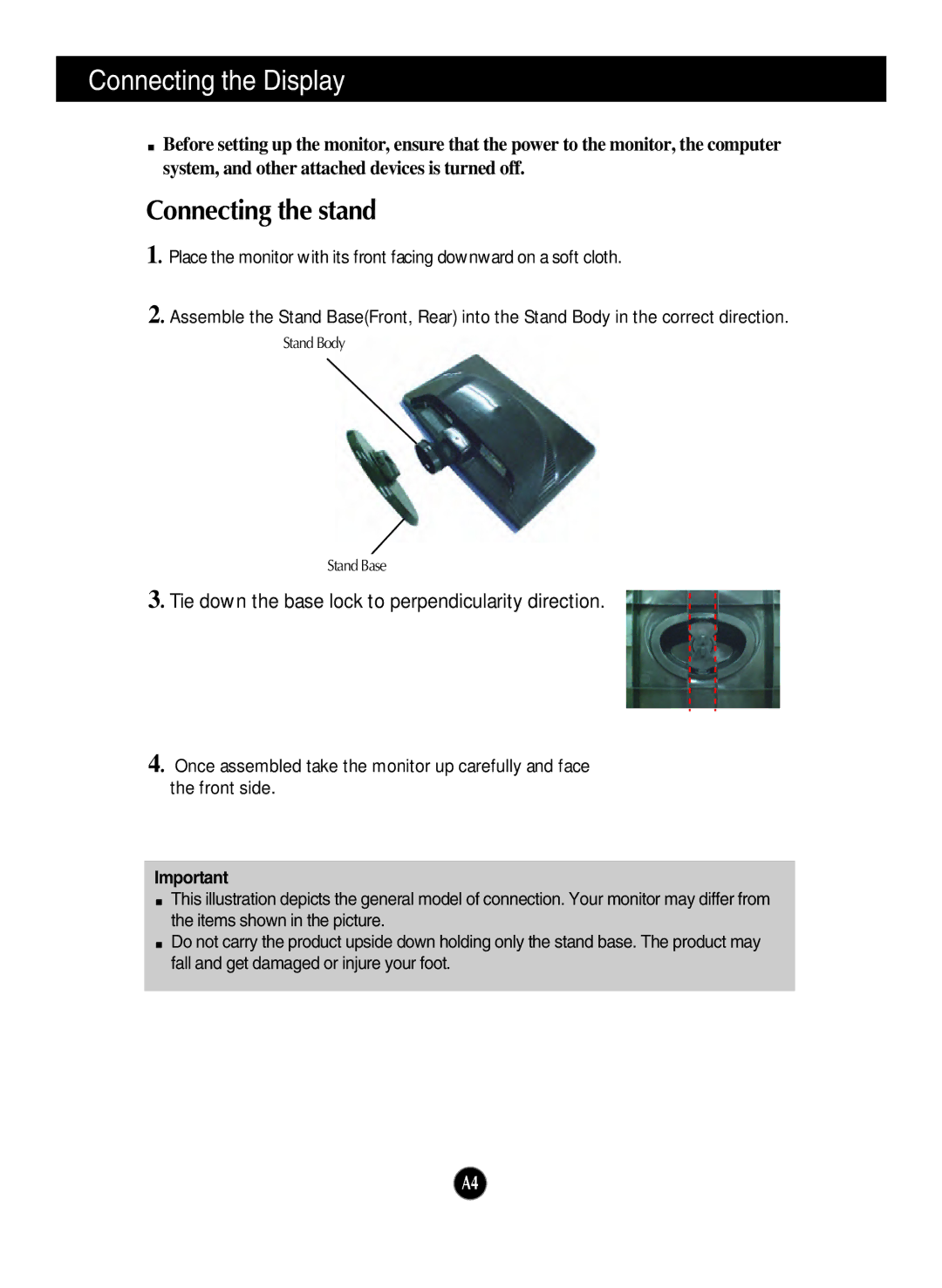 LG Electronics W2343T, W2043T, W2243T manual Connecting the Display, Connecting the stand 