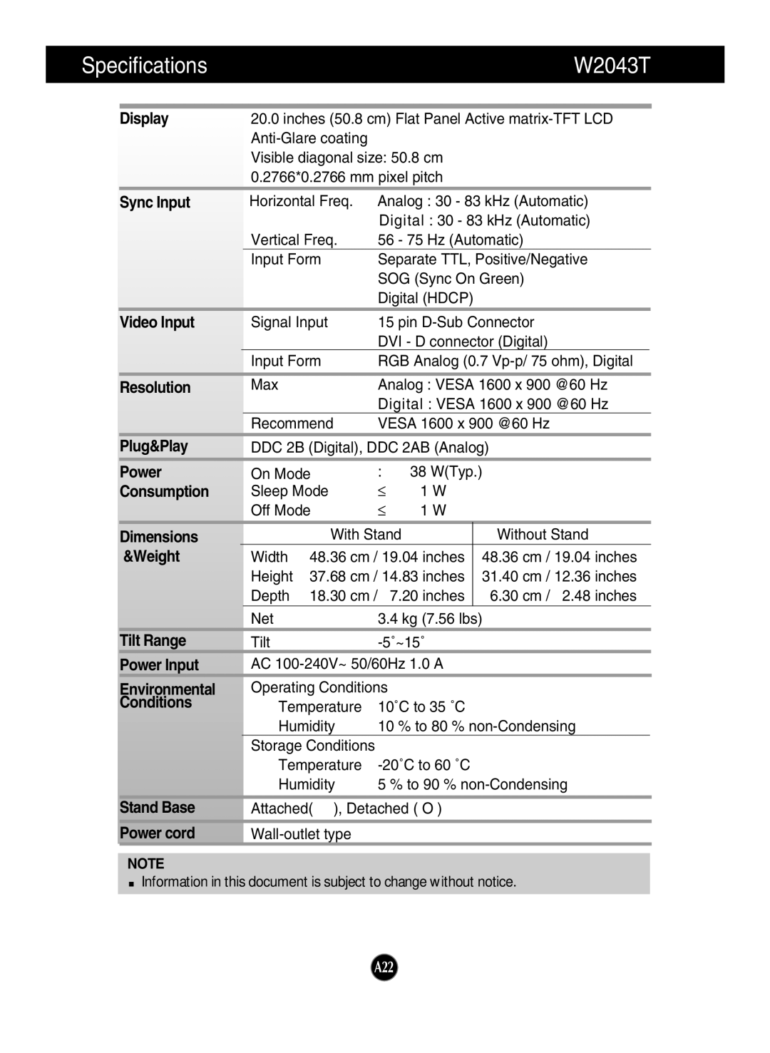 LG Electronics W2343T, W2243T manual Specifications W2043T, Display 