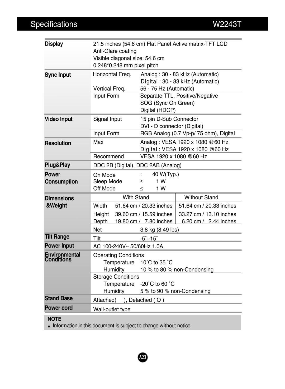 LG Electronics W2043T, W2343T manual Specifications W2243T 