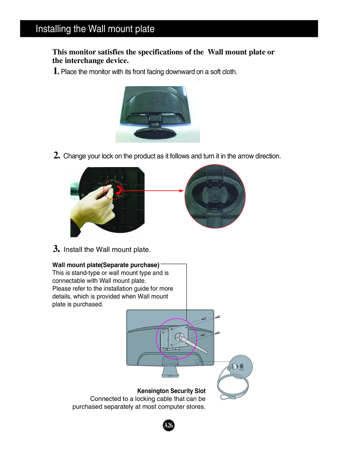 LG Electronics W2043T, W2243T Installing the Wall mount plate, Wall mount plateSeparate purchase, Kensington Security Slot 