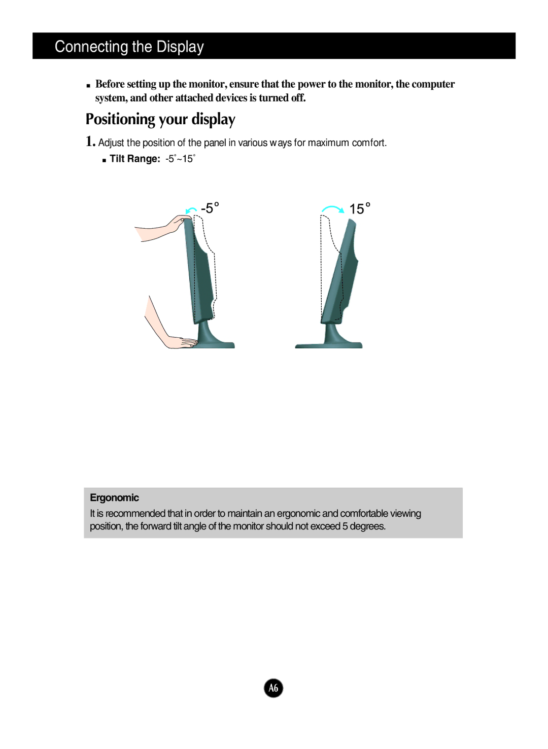 LG Electronics W2243T, W2043T, W2343T manual Positioning your display, Tilt Range -5˚~15˚ Ergonomic 