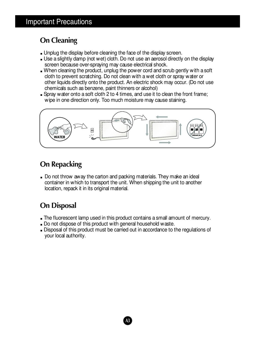 LG Electronics W2243T, W2043T, W2343T manual On Cleaning, On Repacking, On Disposal, Important Precautions 