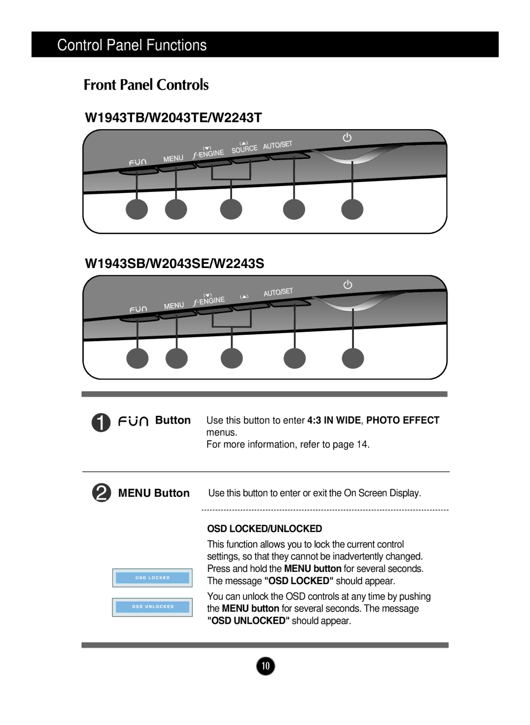 LG Electronics W2043SE, W2043TE, W1943TB, W1943SB, W2243S Control Panel Functions, Front Panel Controls, Osd Locked/Unlocked 