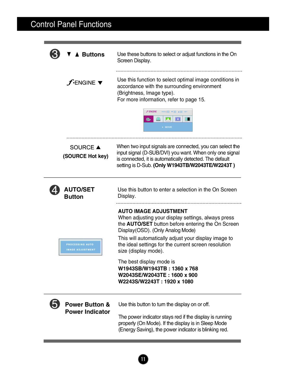 LG Electronics W1943TB, W2043TE, W2043SE, W1943SB, W2243S owner manual Source Hot key, Auto Image Adjustment 