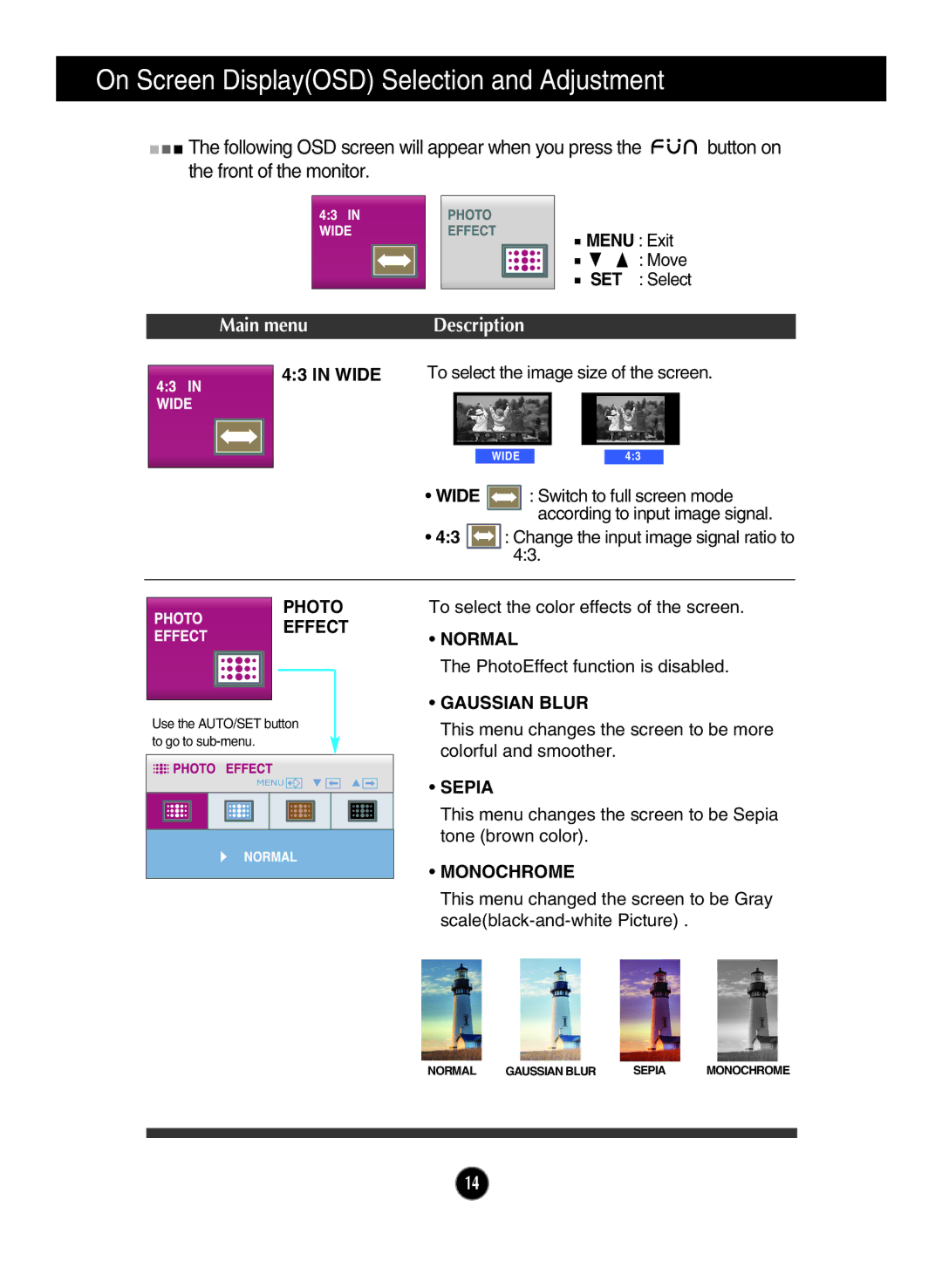 LG Electronics W2043TE, W2043SE, W1943TB, W1943SB, W2243S Set, Photo Effect, Normal, Gaussian Blur, Sepia, Monochrome 