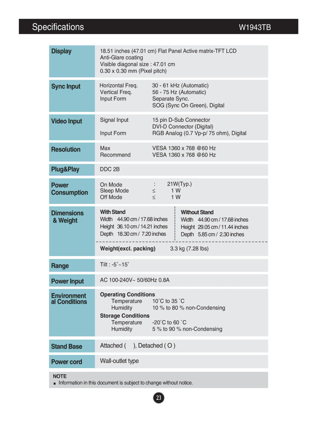 LG Electronics W2243S, W2043TE, W2043SE, W1943SB owner manual Specifications, W1943TB 