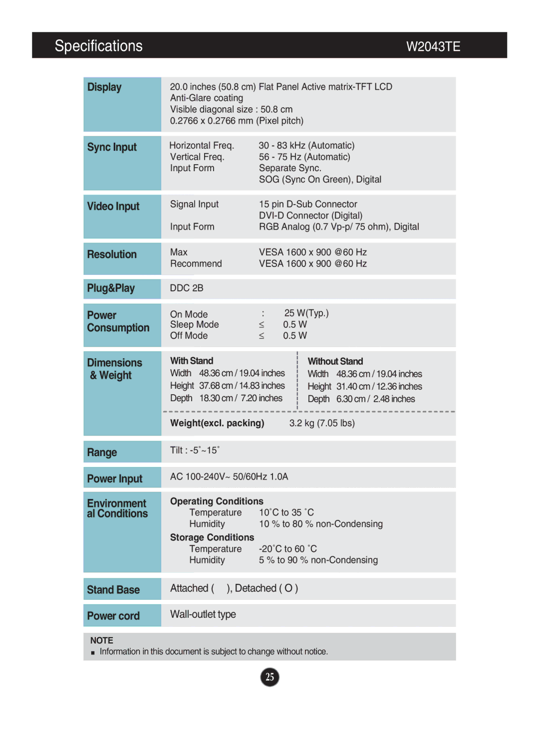 LG Electronics W2043SE, W1943TB, W1943SB, W2243S owner manual W2043TE, Environment al Conditions 