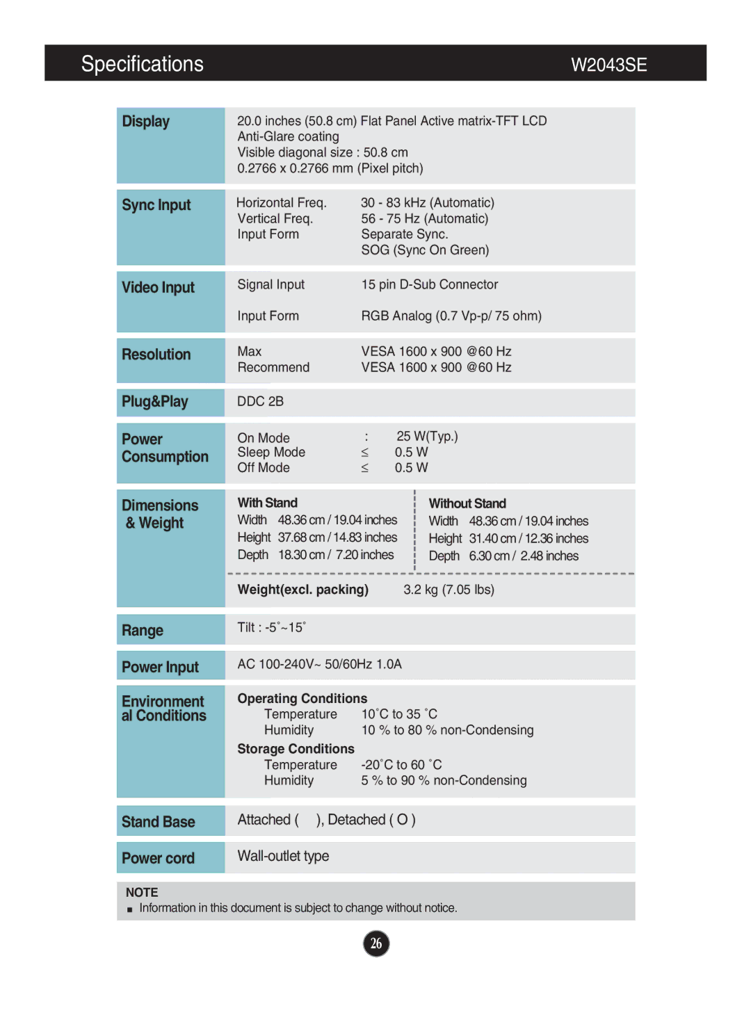 LG Electronics W1943TB, W2043TE, W1943SB, W2243S owner manual W2043SE 