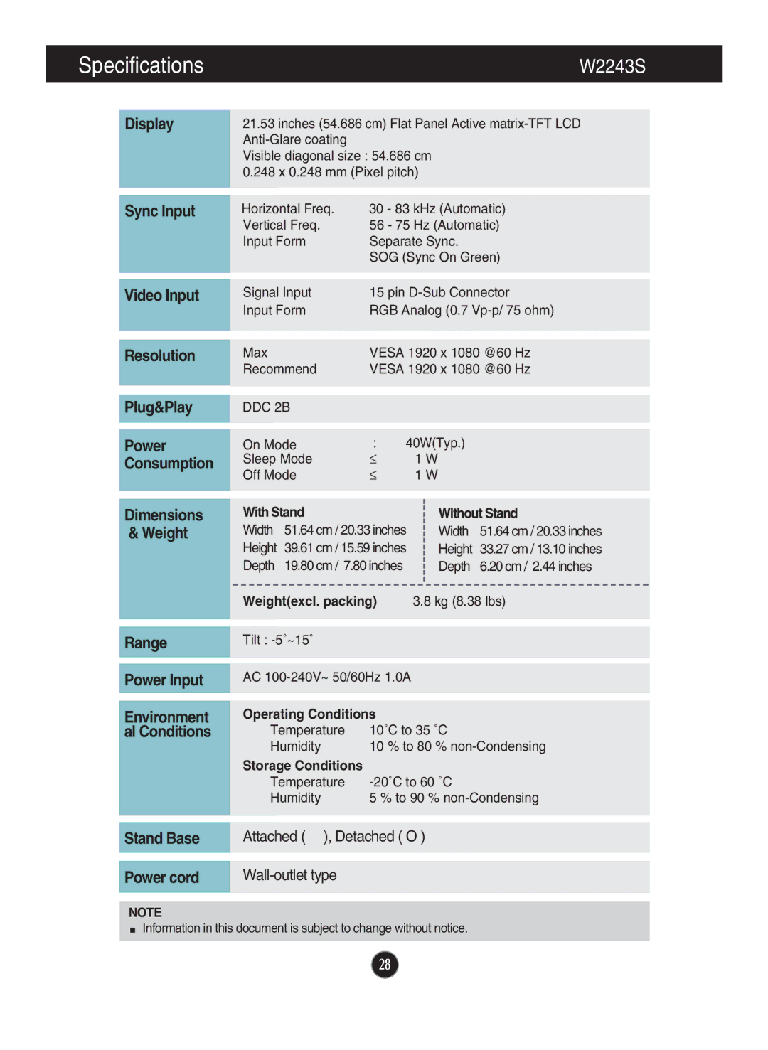 LG Electronics W2243S, W2043TE, W2043SE, W1943TB, W1943SB owner manual 