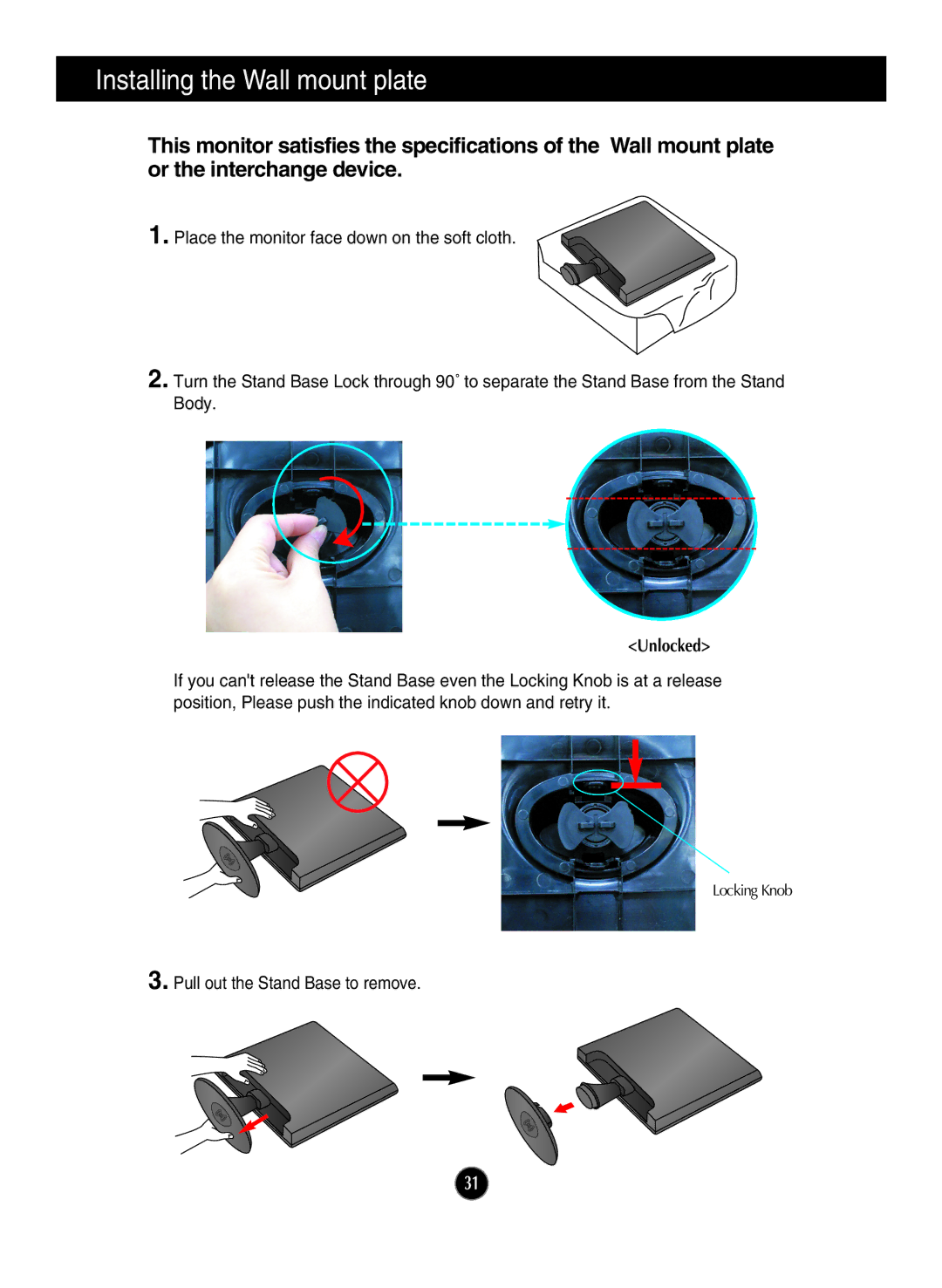 LG Electronics W1943TB, W2043TE, W2043SE, W1943SB, W2243S owner manual Installing the Wall mount plate 