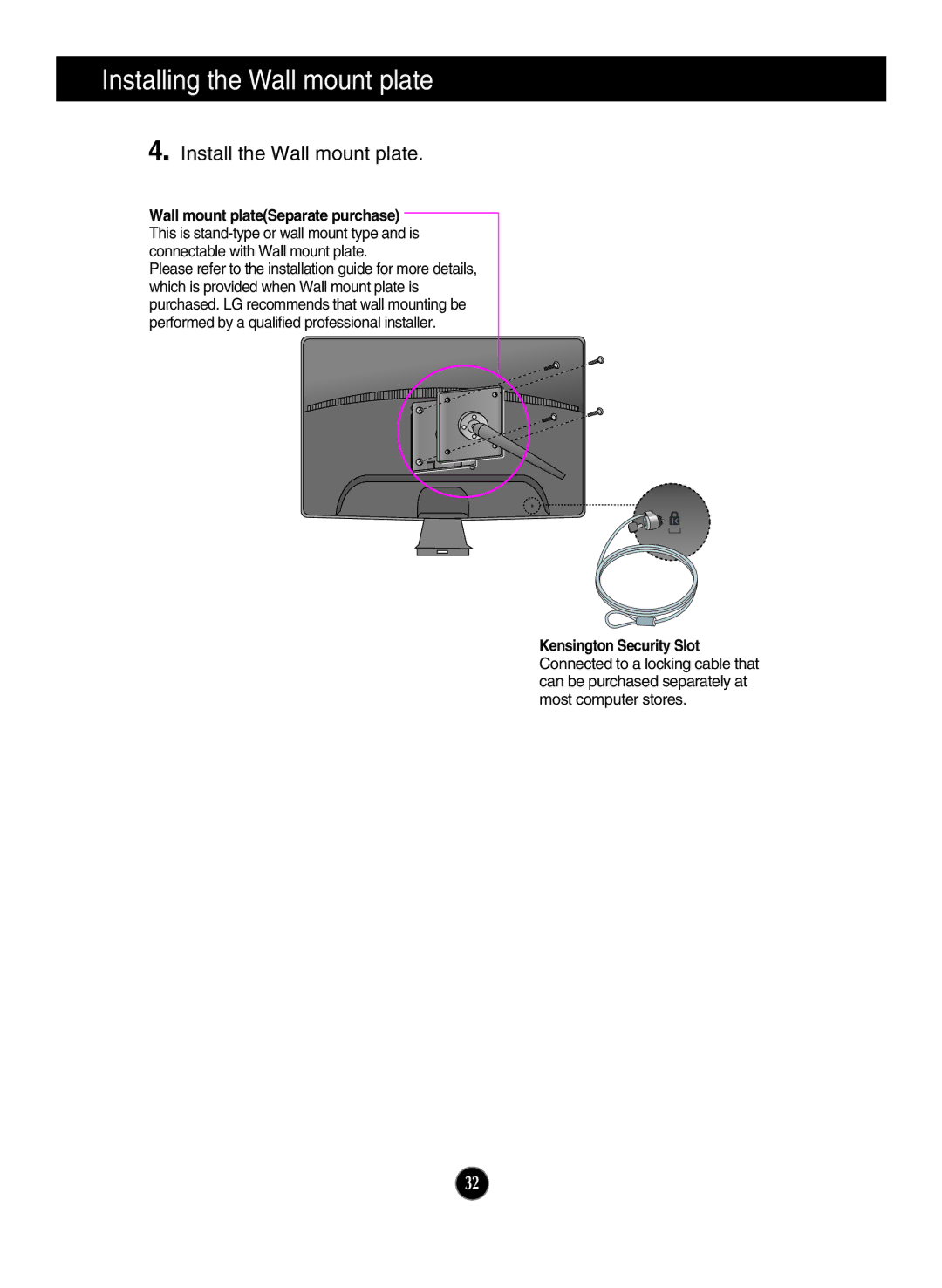 LG Electronics W1943SB, W2043TE, W2043SE, W1943TB, W2243S owner manual Install the Wall mount plate 