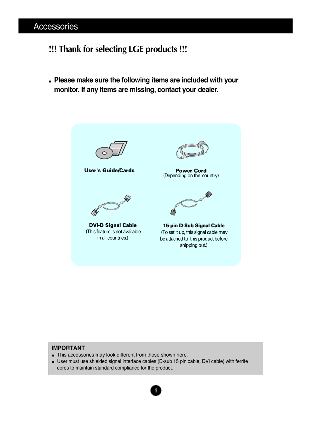 LG Electronics W2043TE, W2043SE, W1943TB, W1943SB, W2243S owner manual Accessories, Thank for selecting LGE products 