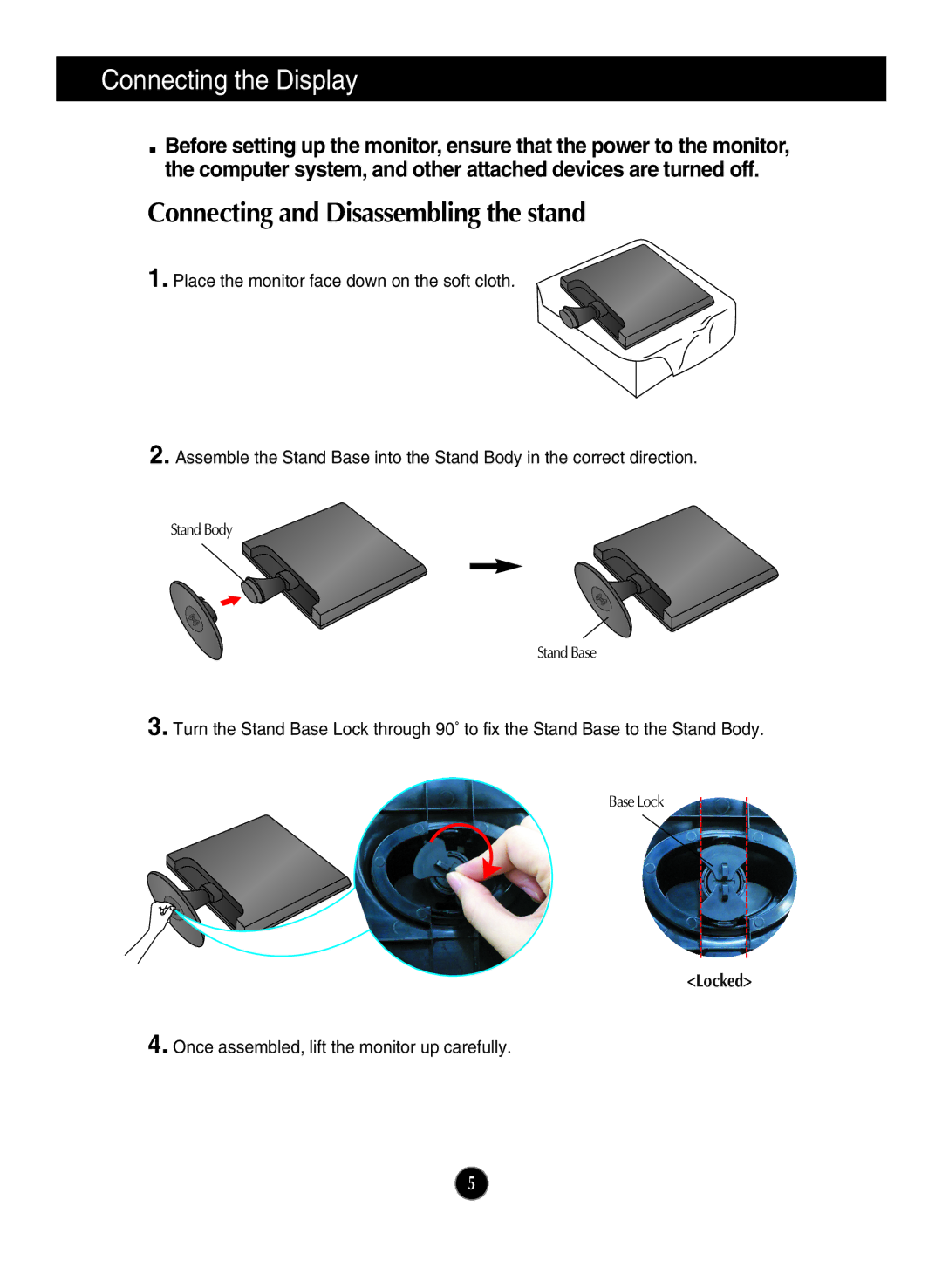 LG Electronics W2043SE, W2043TE, W1943TB, W1943SB, W2243S Connecting the Display, Connecting and Disassembling the stand 