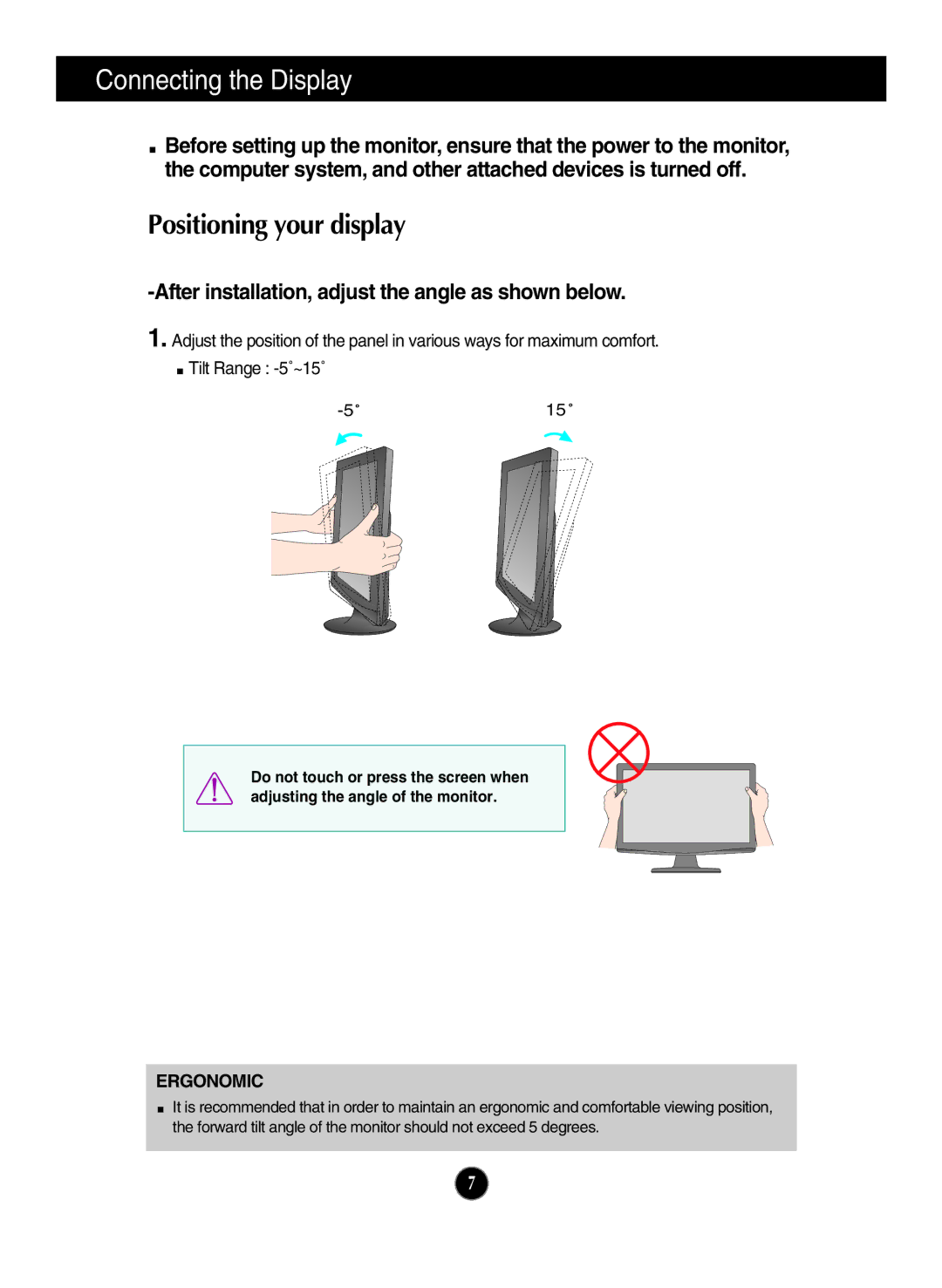 LG Electronics W1943SB, W2043TE, W2043SE, W1943TB, W2243S owner manual Positioning your display, Ergonomic 