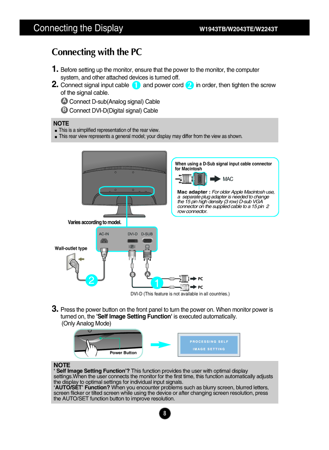 LG Electronics W2243S, W2043TE, W2043SE, W1943TB, W1943SB owner manual Connecting the Display, Connecting with the PC 