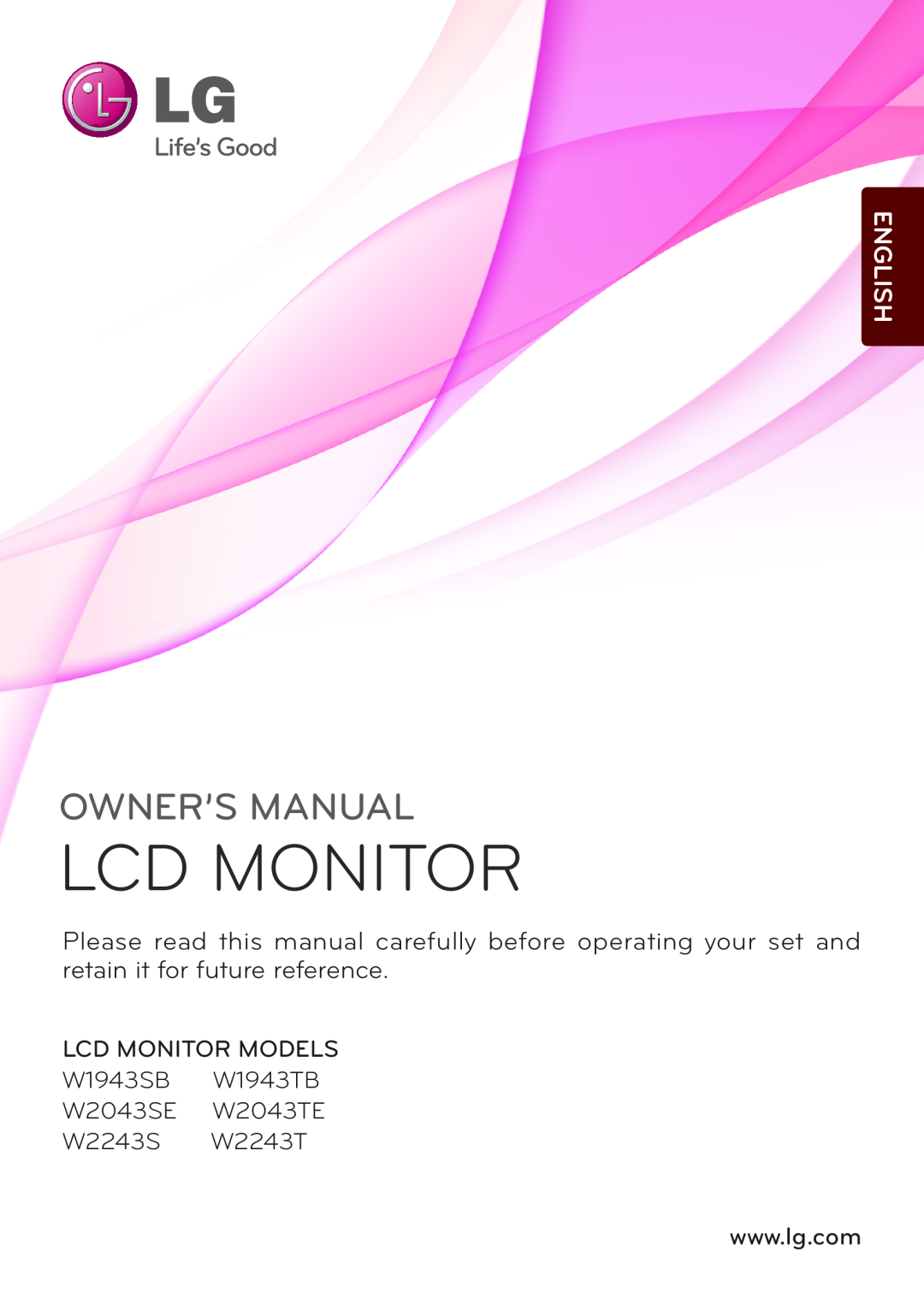 LG Electronics owner manual Lcd Monitor, English, LCD MONITOR MODELS W1943SB W1943TB W2043SE W2043TE W2243S W2243T 