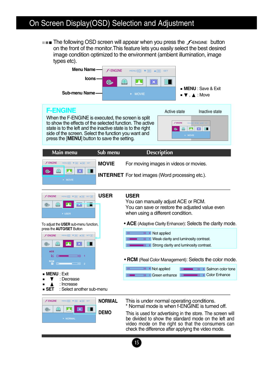 LG Electronics W2043SE Sub menu, On Screen DisplayOSD Selection and Adjustment, F-Engine, Main menu, Description, Movie 