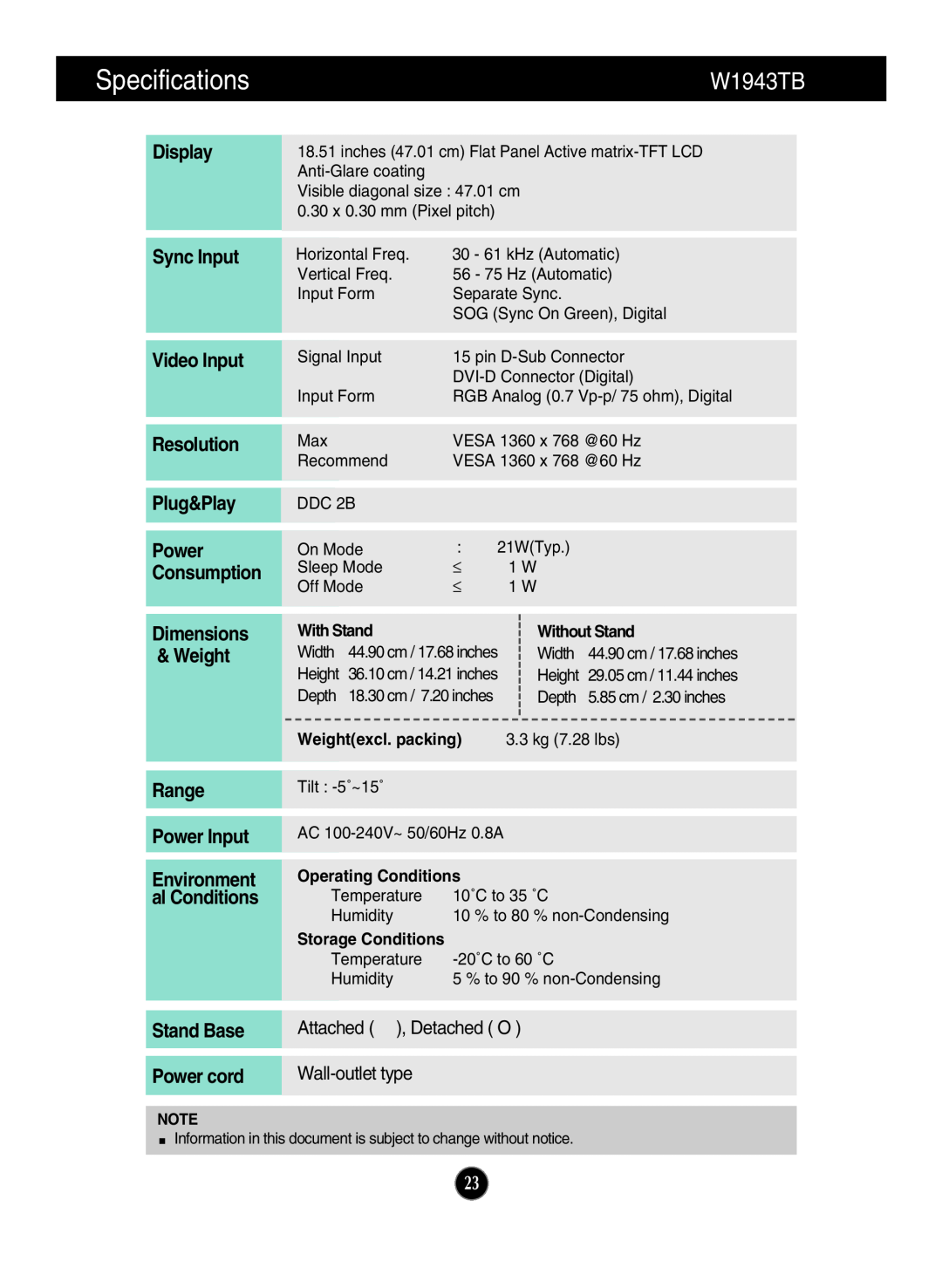 LG Electronics W2243S Specifications, W1943TB, Display Sync Input Video Input Resolution Plug&Play, Range Power Input 