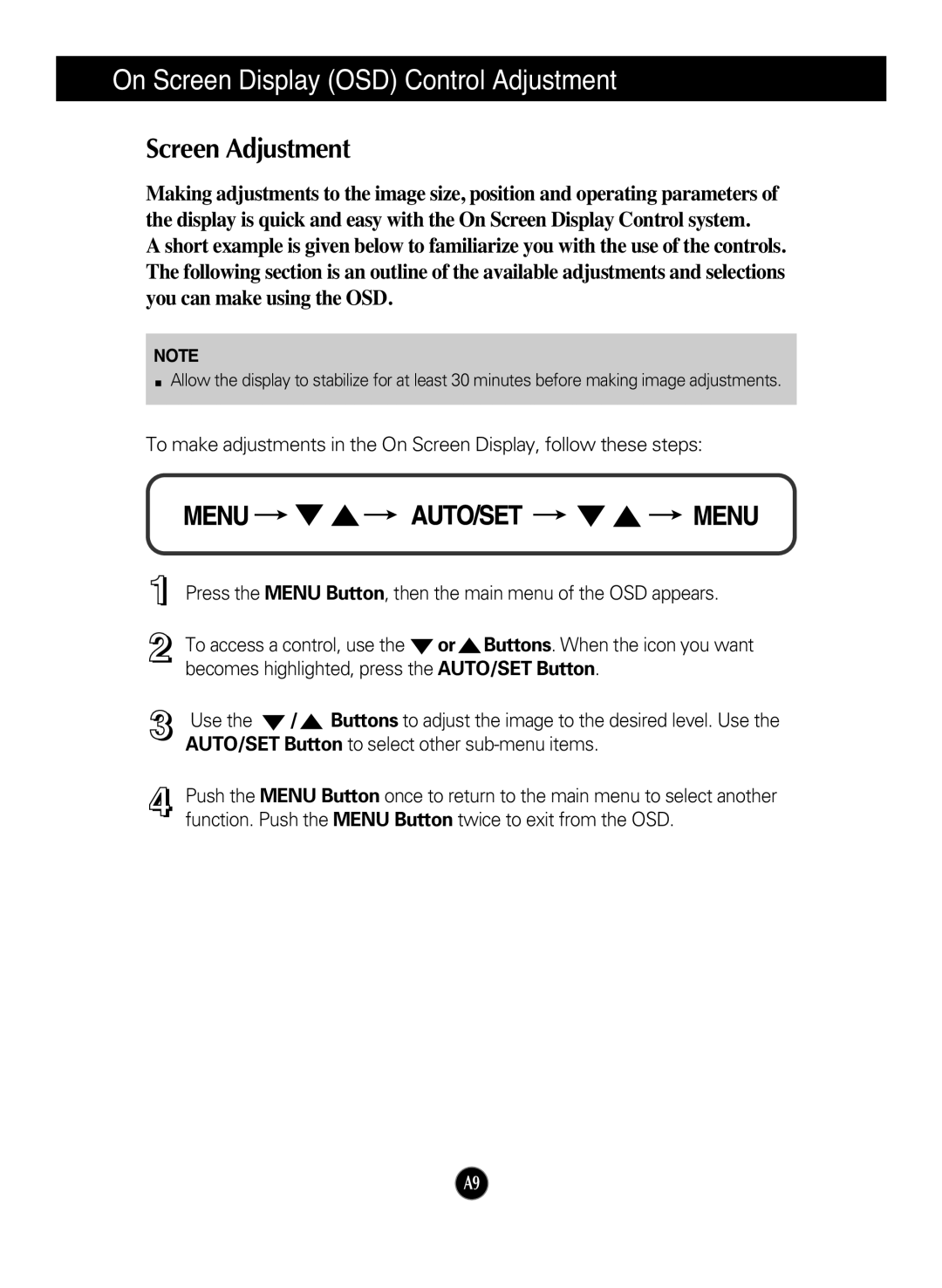 LG Electronics W2052TQ manual On Screen Display OSD Control Adjustment, Screen Adjustment 