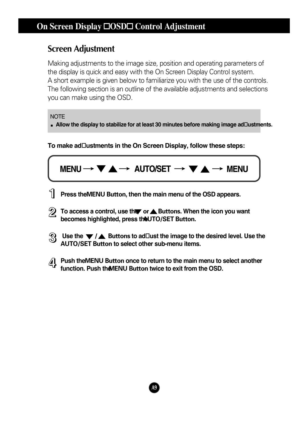 LG Electronics W2052TQ manual On Screen Display OSD Control Adjustment, Screen Adjustment 