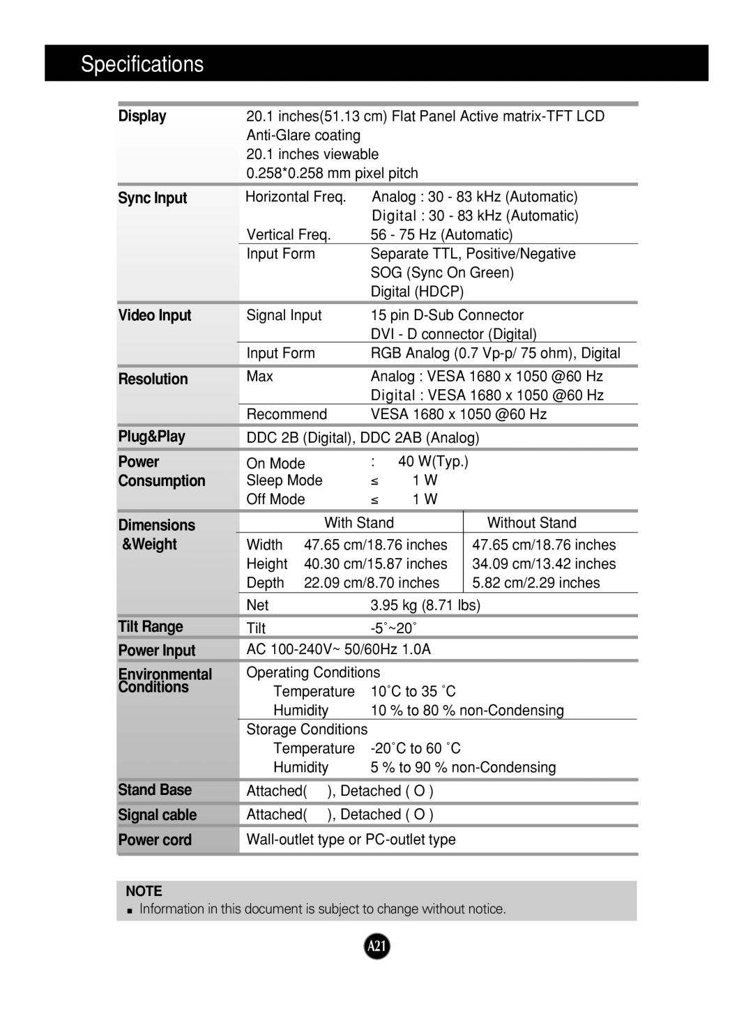 LG Electronics W2052TQ manual Specifications, Display 