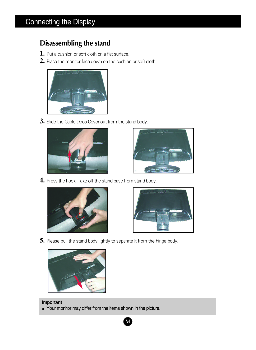 LG Electronics W2052TQ manual Disassembling the stand 