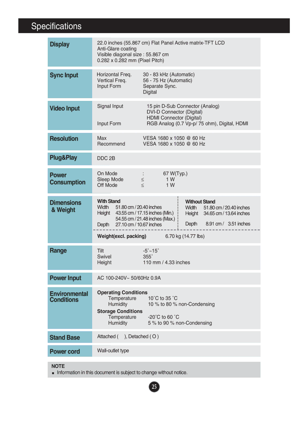 LG Electronics W2220P manual Specifications, Dimensions Weight Range 