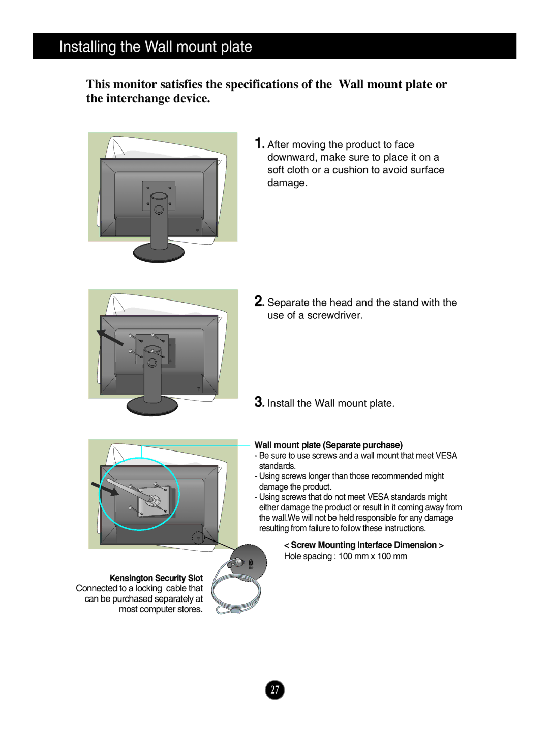 LG Electronics W2220P manual Installing the Wall mount plate, Wall mount plate Separate purchase 