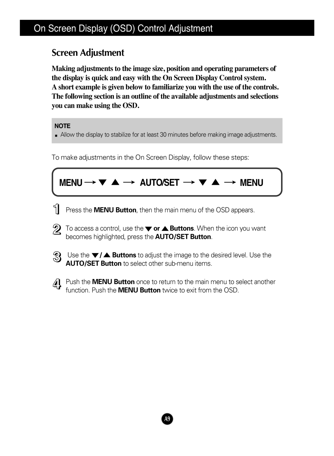 LG Electronics W2241S manual On Screen Display OSD Control Adjustment, Screen Adjustment 