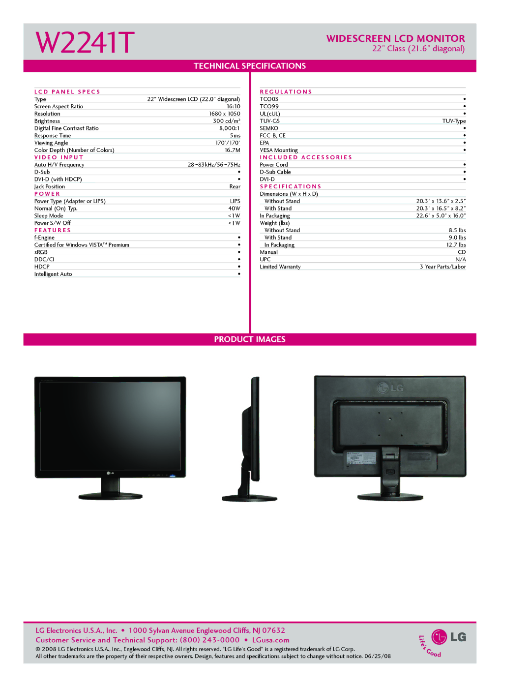 LG Electronics W2241T D PA n e l S p e c s G u l at i o n S, D E o I n p u t C l u d e d a c c e s s o r i e s, W e r 