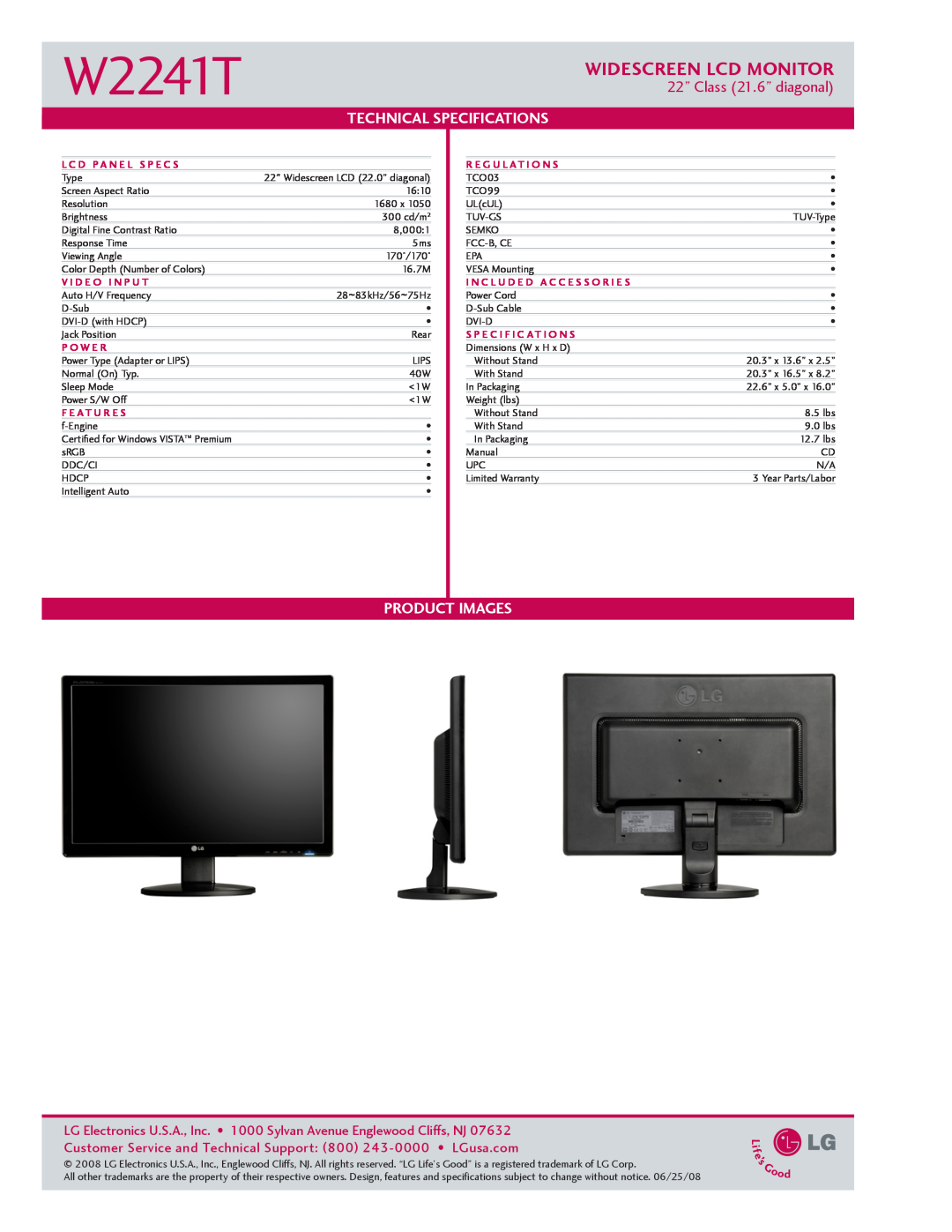 LG Electronics W2241T manual Widescreen LCD Monitor, 22” Class 21.6” diagonal, Technical specifications, Product Images 