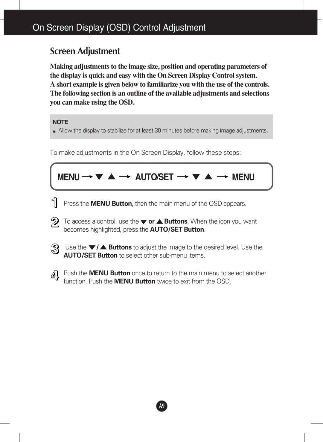 LG Electronics W2242T manual On Screen Display OSD Control Adjustment, Screen Adjustment 