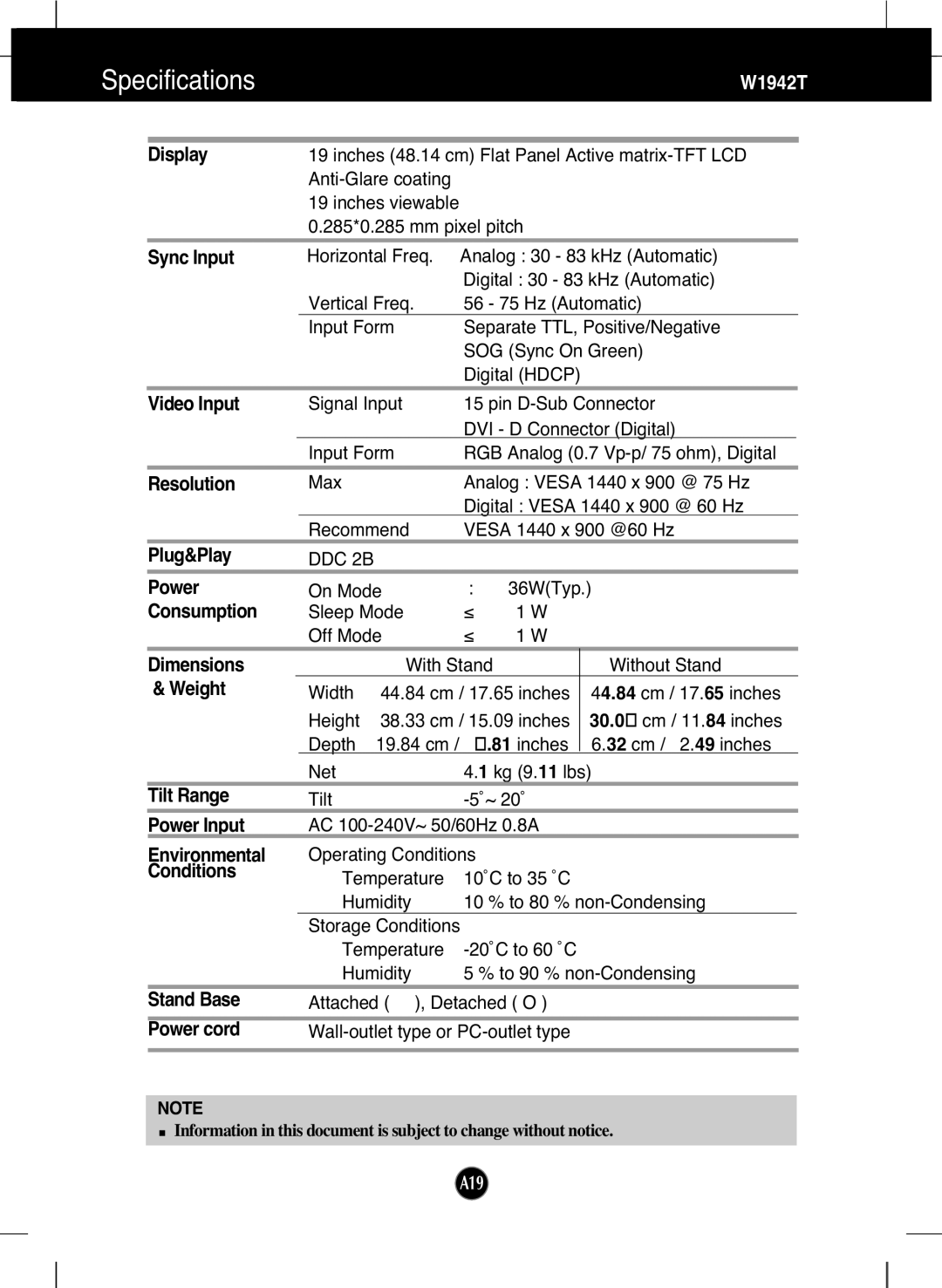 LG Electronics W2242T manual Specifications 