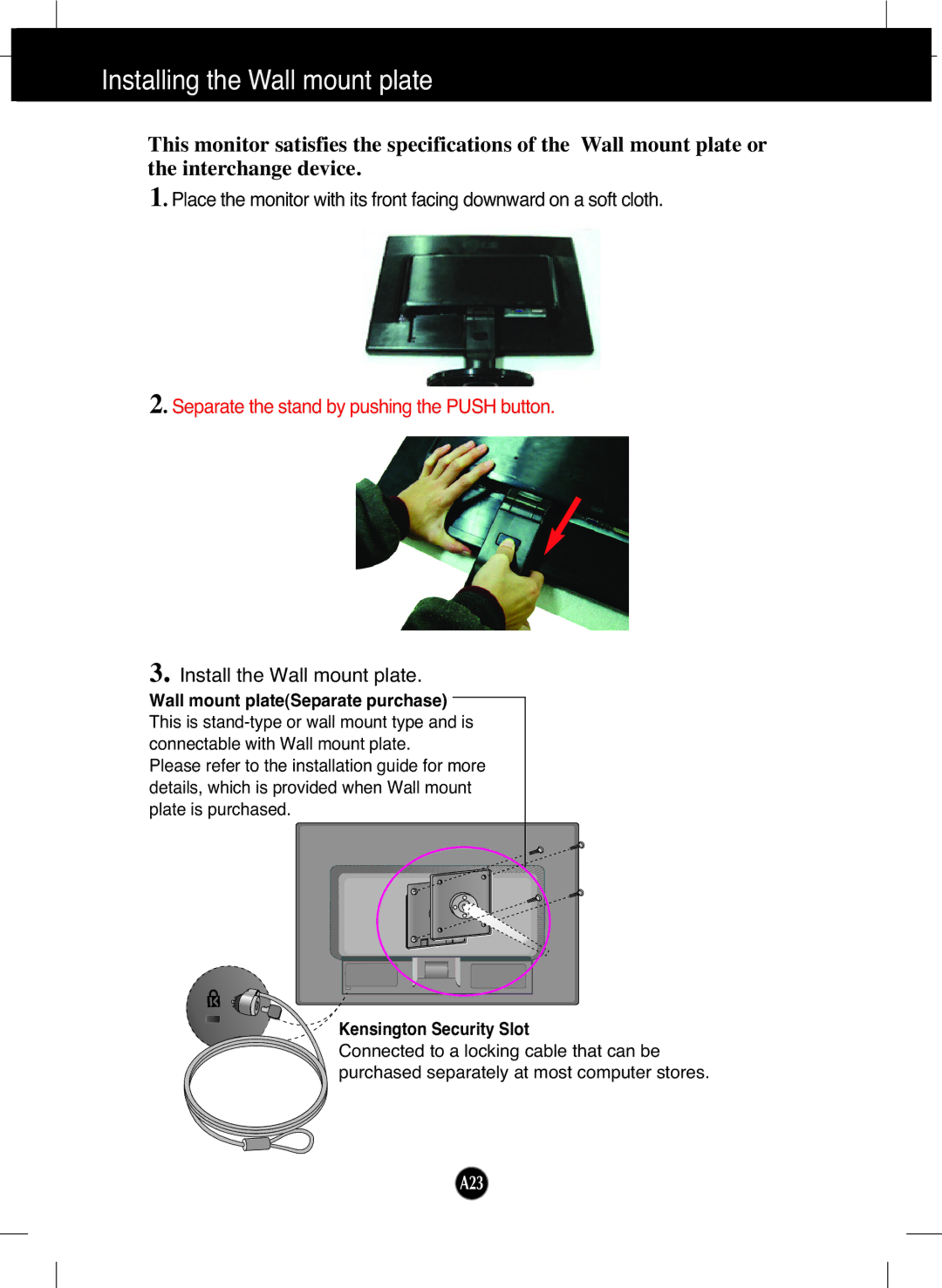 LG Electronics W2242T manual Installing the Wall mount plate, Wall mount plateSeparate purchase, Kensington Security Slot 