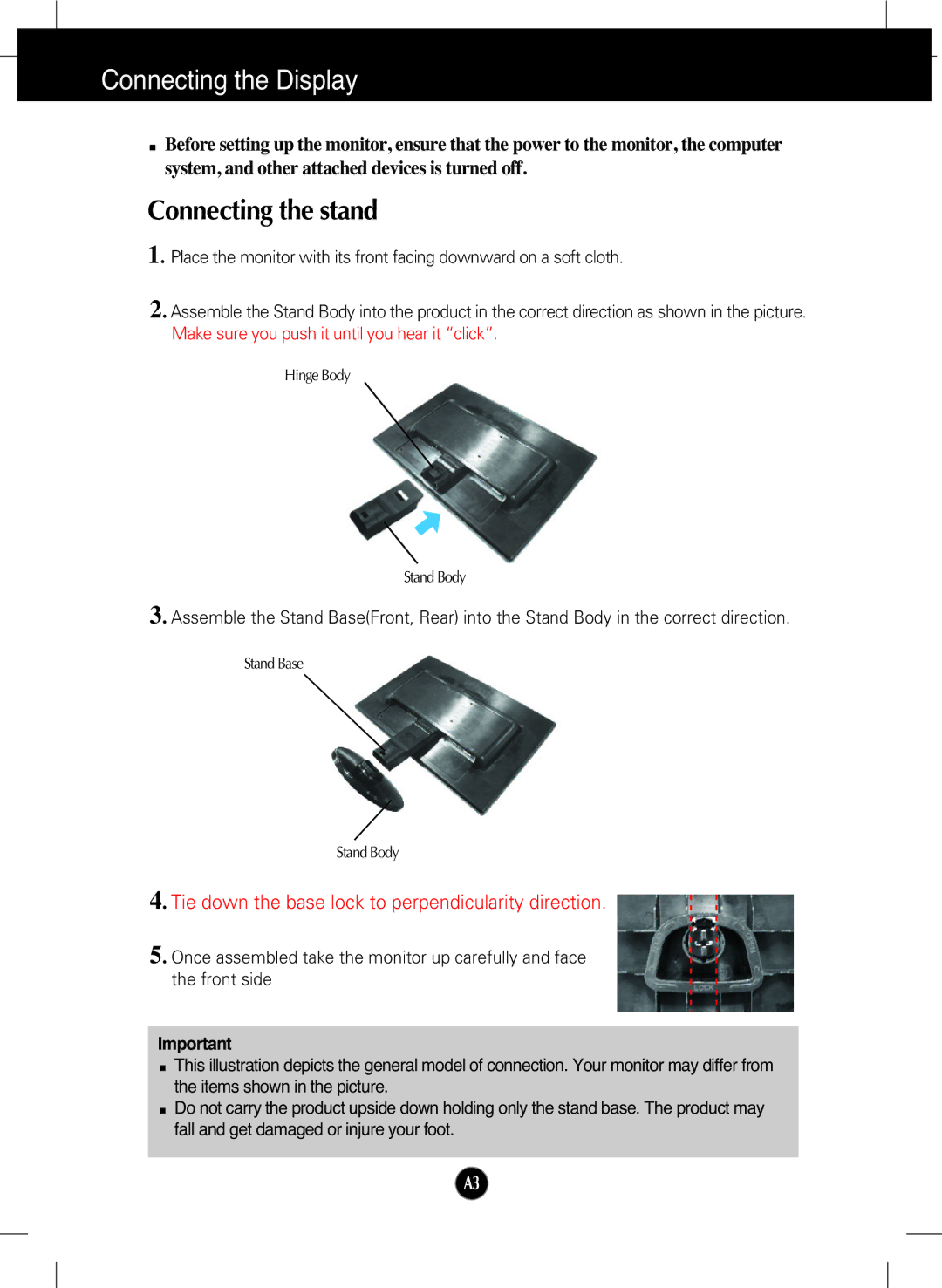 LG Electronics W2242T manual Connecting the Display, Connecting the stand 