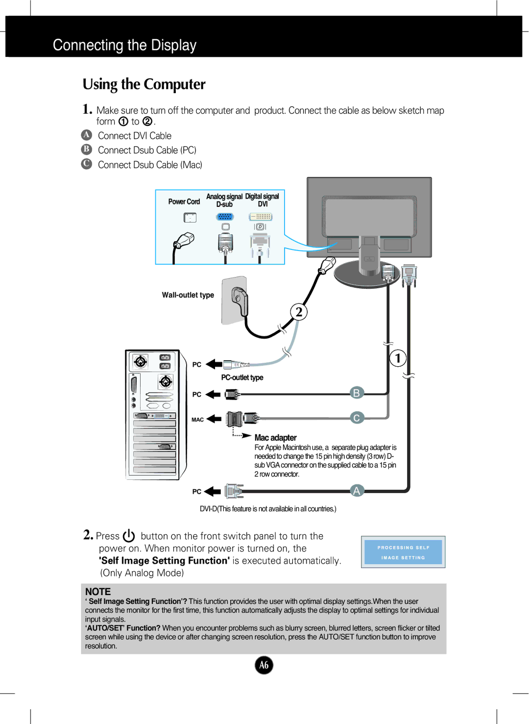 LG Electronics W2242T manual Using the Computer, Mac adapter 