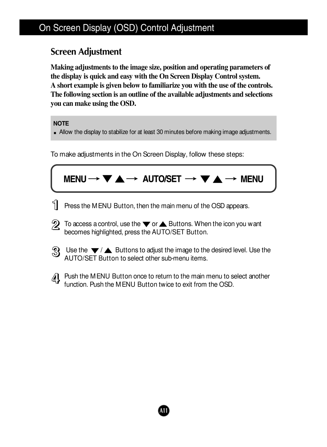 LG Electronics W2243T, W2343T manual On Screen Display OSD Control Adjustment, Screen Adjustment 