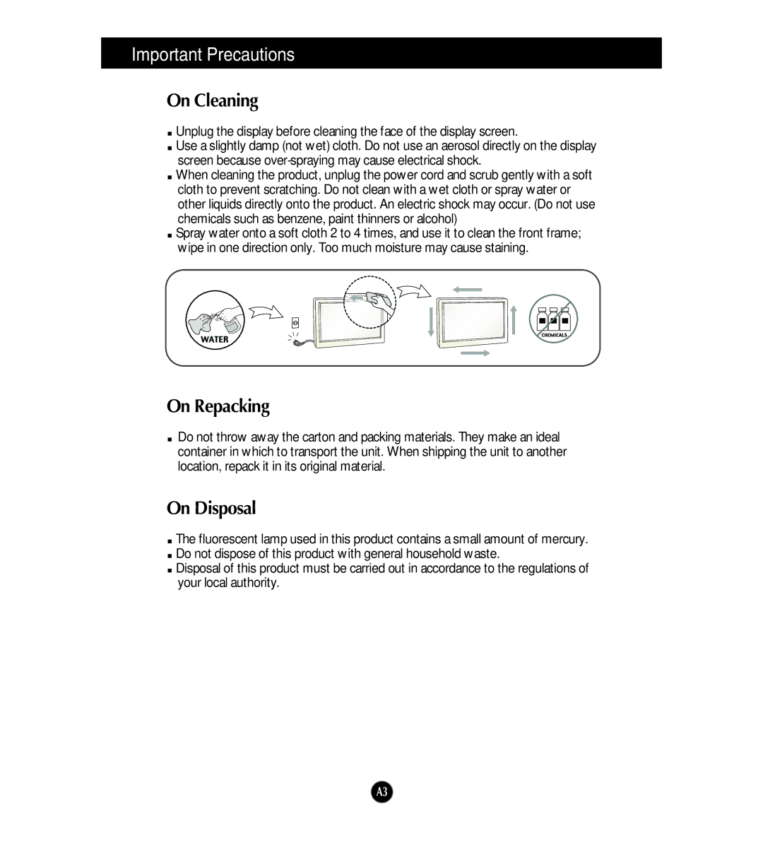 LG Electronics W2253TQ, W2053TQ manual On Cleaning, On Repacking, On Disposal 