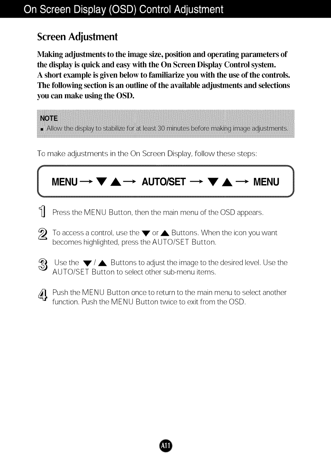 LG Electronics W2253TQ, W2053TQ manual Screen Adjustment 