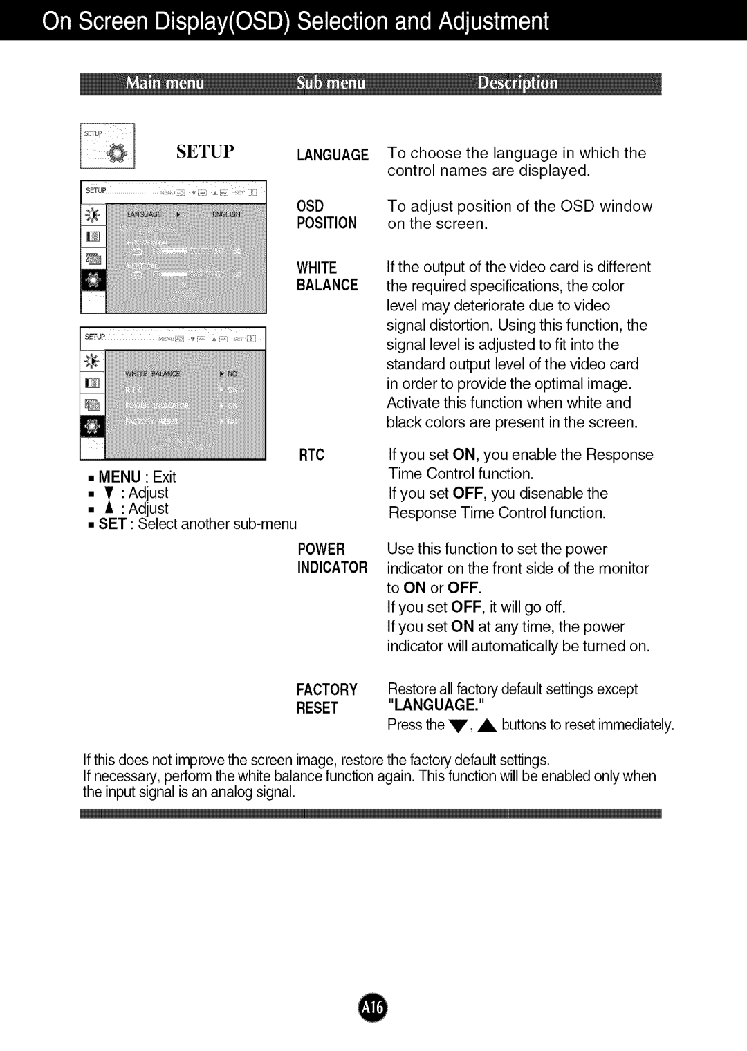 LG Electronics W2053TQ, W2253TQ manual Balance, Rtc, Factory, Reset 