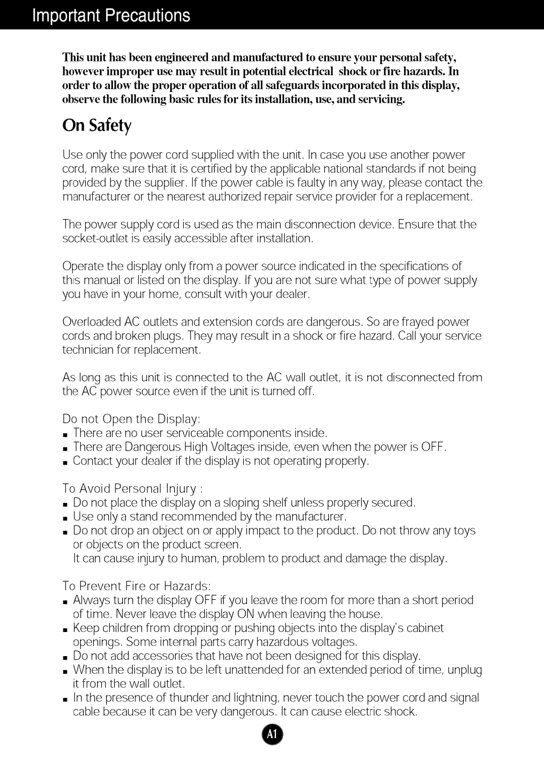 LG Electronics W2253TQ, W2053TQ manual On Safety 