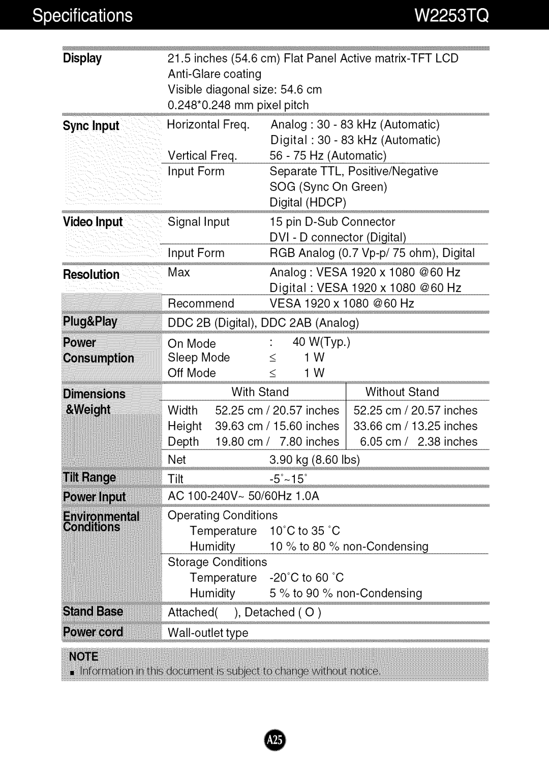 LG Electronics W2253TQ, W2053TQ manual Sync Input Video Input, Resolution 